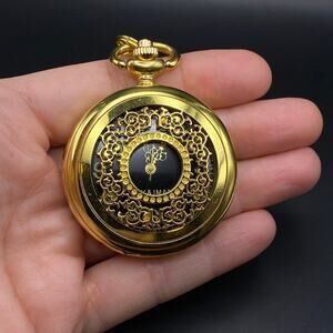 Vintage JOY & IMAN Pocket Watch Filigree Window Gold Tone - New Battery Works